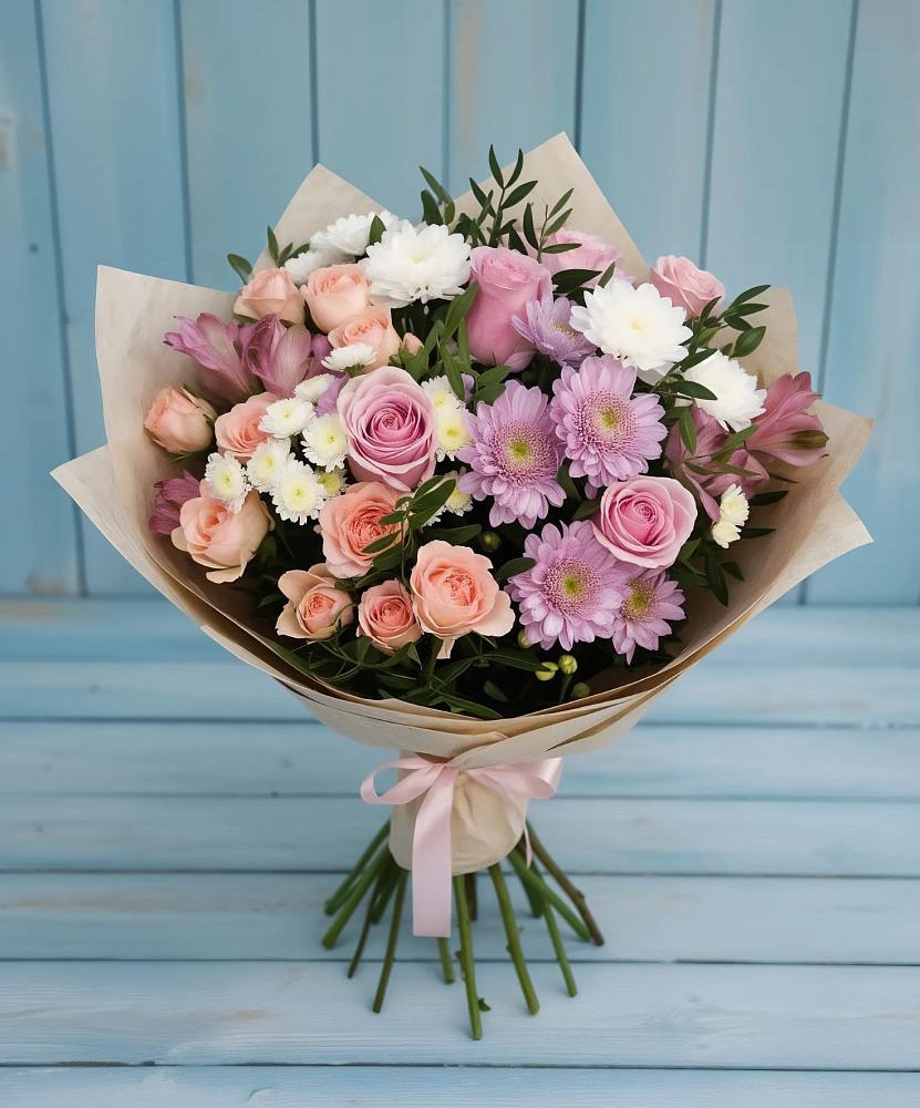 Букет цветов из: Хризантемы, Розы и Альстромерии в Товарково Тульская область 