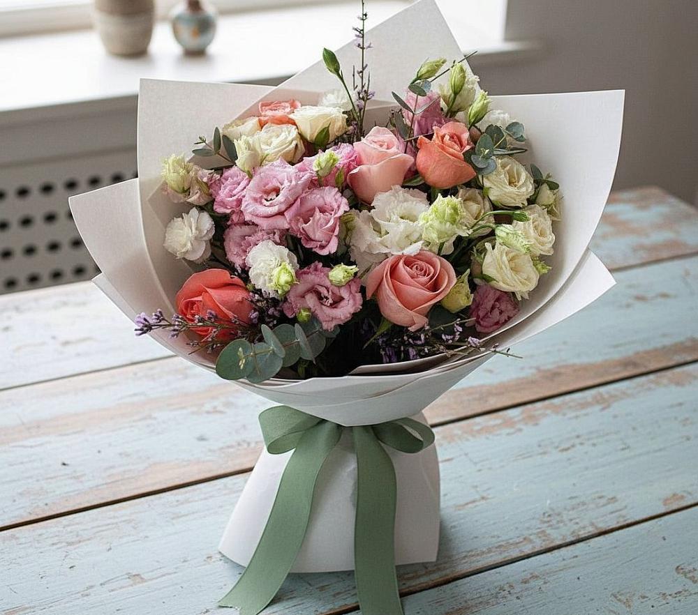 Букет цветов из: Розы, Лизиантусы и Гвоздики в Товарково Тульская область 