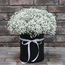 Цветочная композиция из Гипсофила в шляпной коробке в Товарково Тульская область 
