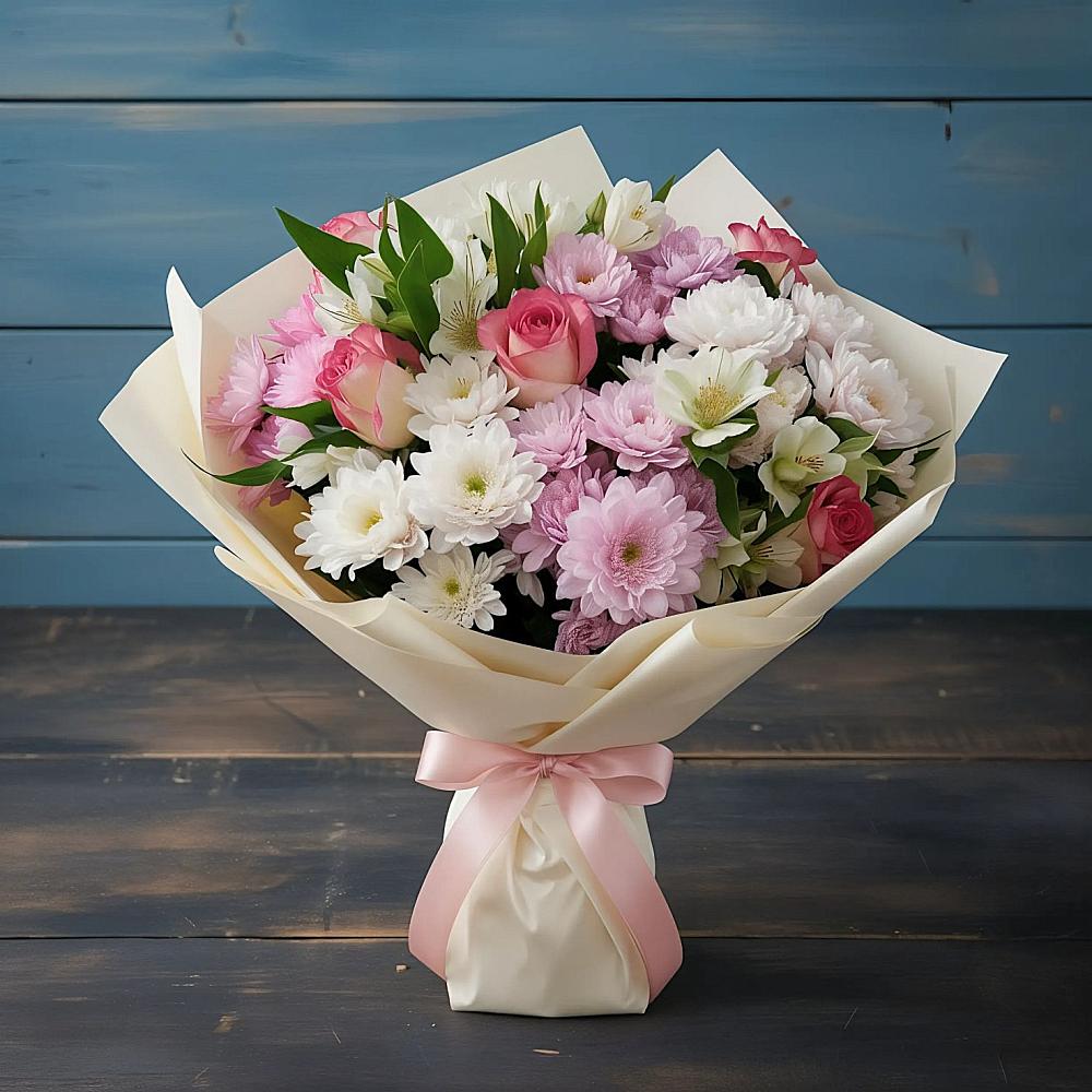 Букет цветов из: Хризантемы, Альстромерии и Розы в Товарково Тульская область 